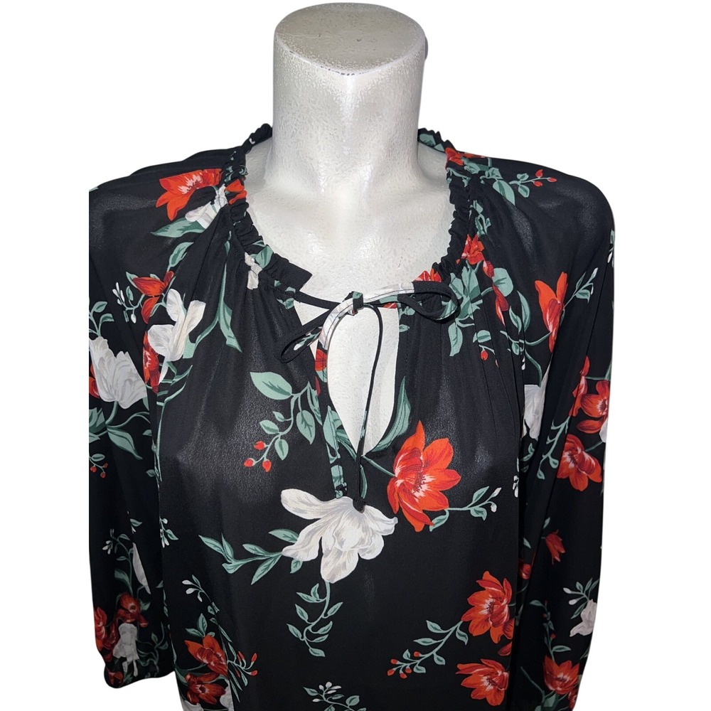 Old Navy Womens 2X Plus Black Floral Tie Neck Long Sleeve Peasant Blouse Top - Picture 3 of 9